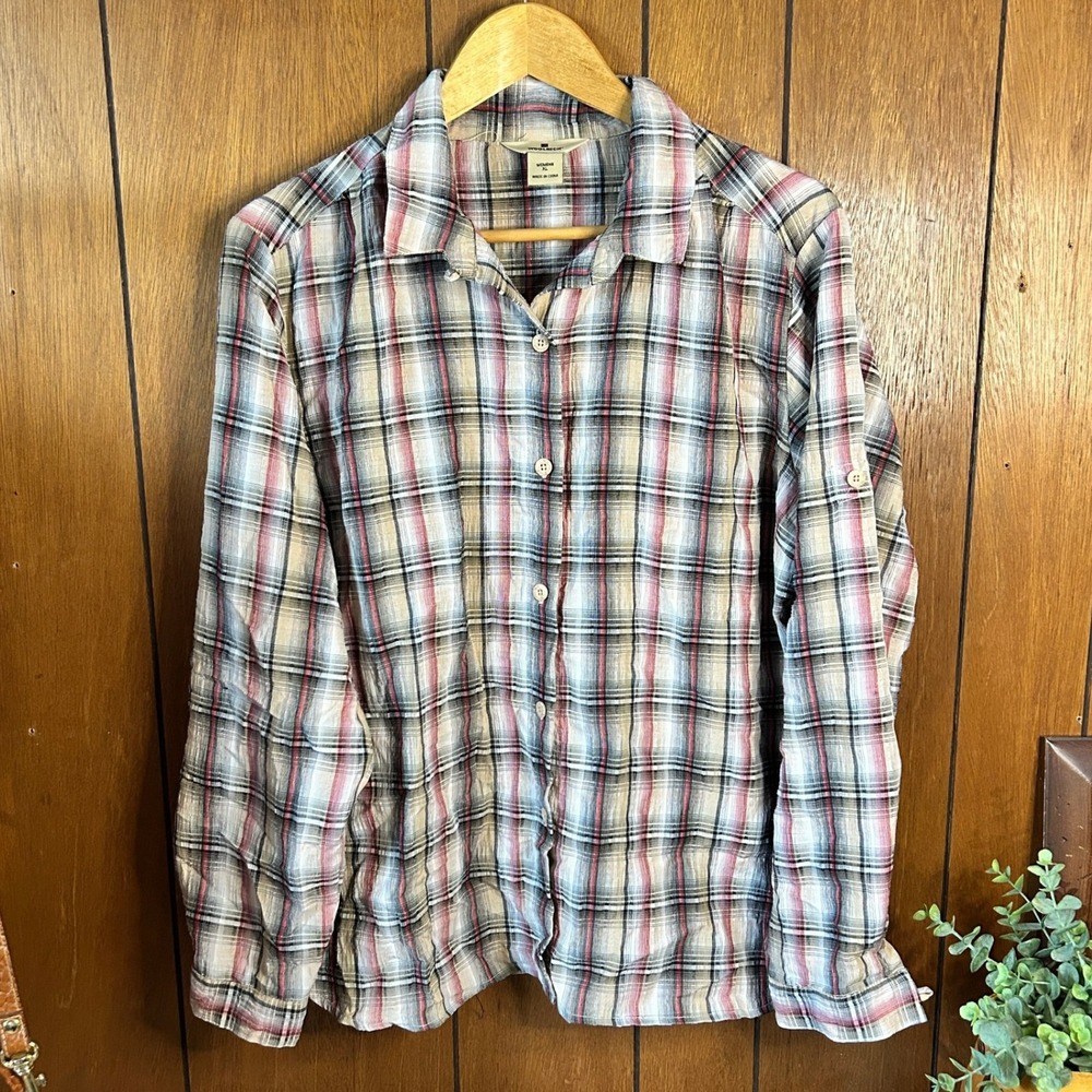 Vintage Woolrich Women's Red & Tan Plaid Lightweight Button-Down Shirt Size XL